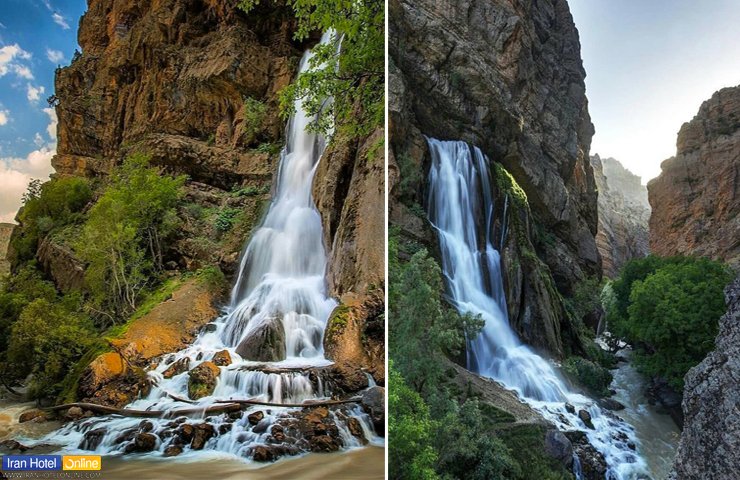آبشار آب سفید الیگودرز و جریان آب زلال و کف‌آلود آن در میان دره سنگی