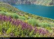 نمایی از پهنه آبی دریاچه کوهستانی در زاگرس